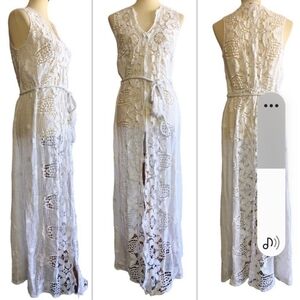 Miguelina White Cotton Lace Sleeveless Sash Belt Maxi Swimuit Coverup Dress S